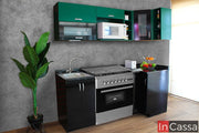 Cocina en escuadra de 2.10m x 80cm diseñada para estufa. La cocina consta de dos módulos superiores de color verde y dos módulos inferiores de color negro, estos últimos además cuenta con cubierta de formaica en estilo de mármol negro, mientras que la alacena superior cuenta con espacio para microondas.
