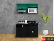 Cocina Minimalista de 1.30m con alacenas superiores verdes y un módulo inferior negro. La cocina cuenta con un espacio para microondas en su módulo superior, mientras que su módulo inferior cuenta con una cubierta de formaica, tarja de acero inoxidable y un espacio para parrilla.