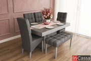 Se aprecia el Comedor con banca Modelo TRIBECA para 6 personas en color silver con sillas y banca tapizadas en lino mouse. Su diseño moderno combina una amplia mesa, cómodas sillas de respaldo alto y una banca acolchonada, ofreciendo confort, funcionalidad y un estilo elegante para compartir reuniones y comidas en familia.