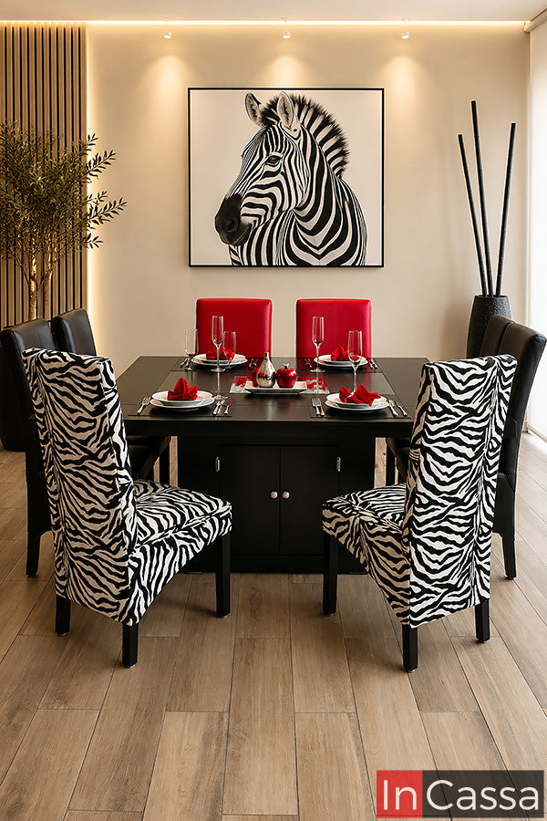 Se aprecia el Comedor Modelo TURQUIA para 8 personas en color chocolate con sillas tapizadas en tactopiel rojo, chocolate y tapiz tipo cebra, destacando su amplia mesa, la combinación de tapizados que aporta un estilo sofisticado y moderno, así como su diseño ideal para reuniones familiares y espacios con gran personalidad.