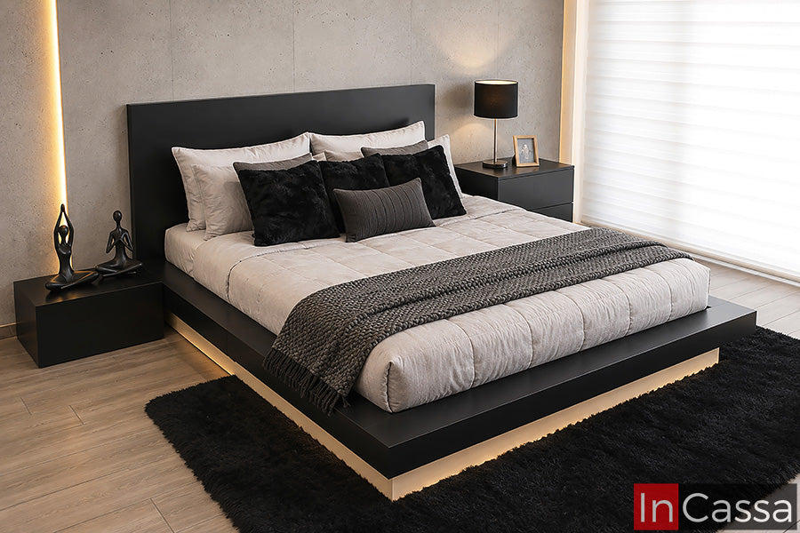 Se observa la Recámara Modelo VIENA, en color chocolate. Su diseño moderno integra una amplia cabecera de líneas rectas, base tipo plataforma y burós minimalistas, creando una composición elegante y sofisticada que aporta personalidad a la habitación.