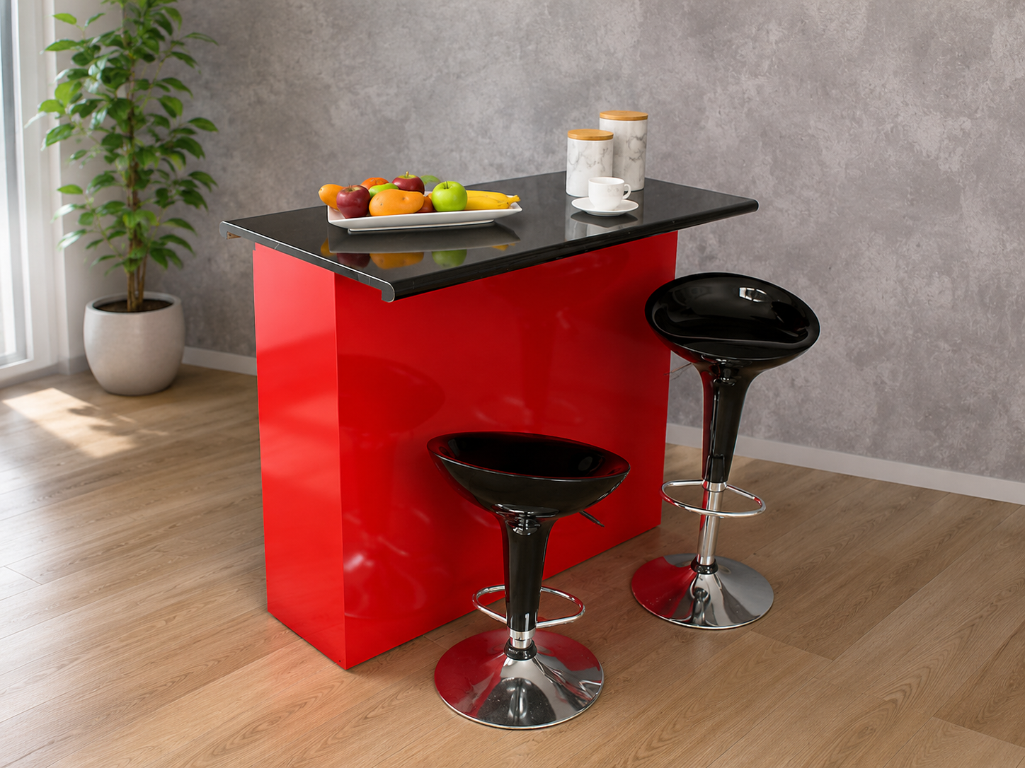 Imagen recomendada: barra desayunadora moderna en cocina compacta, con bancos altos, superficie limpia y ambiente funcional.