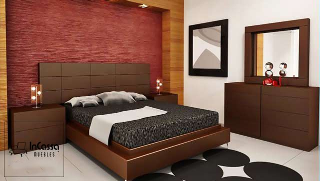 La imagen presenta la Recámara Modelo BRASILEA, compuesta por cabecera, base de cama, burós y tocador con espejo, todo en MDF color chocolate. Su diseño moderno de líneas rectas y acabado liso aporta elegancia y calidez al espacio, ideal para ambientes contemporáneos.