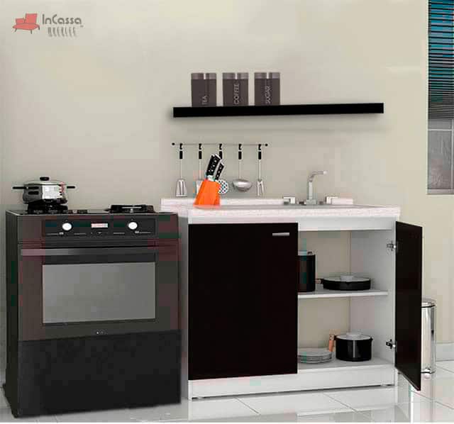 La imagen muestra una vista frontal de la cocina Buga para estufa en combinación blanco con chocolate. Incluye tarja, cubierta de formaica blanco fresh, compartimentos inferiores con puertas y entrepaños, y espacio para estufa de 20" o 30". Ideal para cocinas compactas y funcionales.