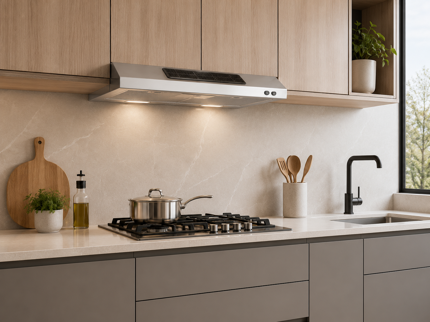 Imagen recomendada: cocina moderna con campana instalada sobre zona de cocción, parrilla o estufa, muebles de cocina y ambiente limpio.