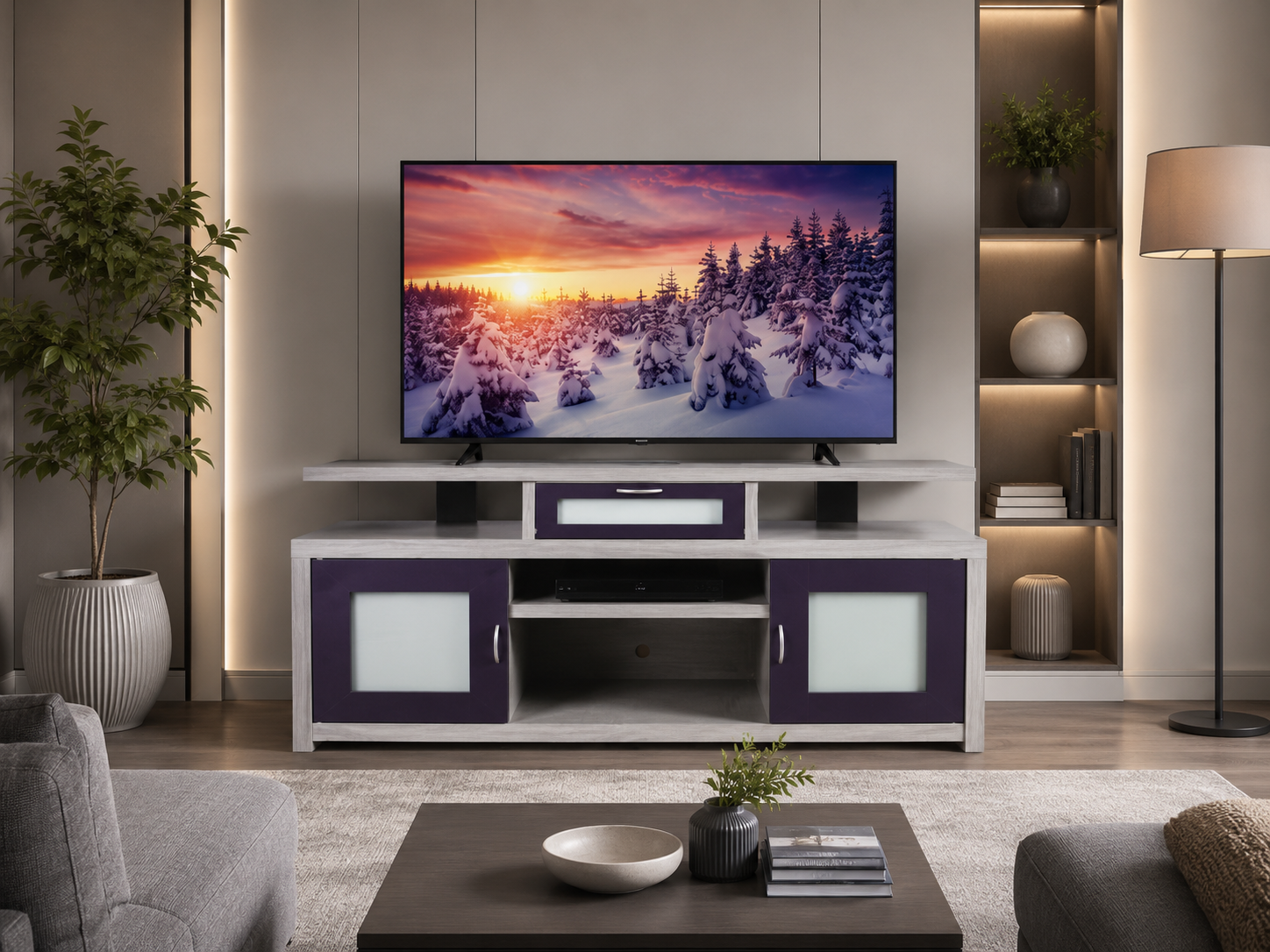sala moderna con centro de entretenimiento, televisión, módulos de almacenamiento, decoración sobria y espacio ordenado.