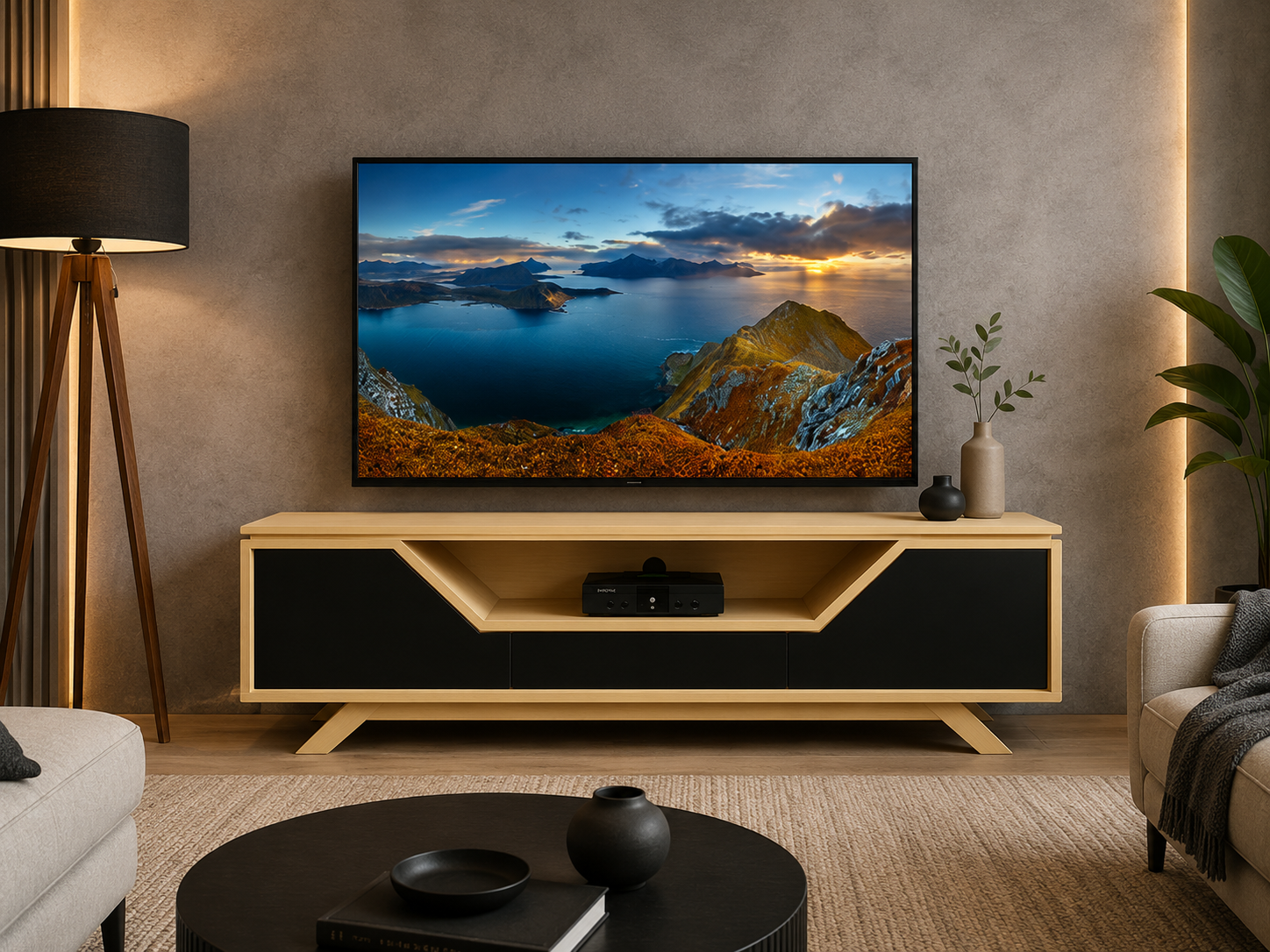 sala moderna con mueble para TV, pantalla, sofá, mesa de centro, decoración neutra y accesorios organizados.