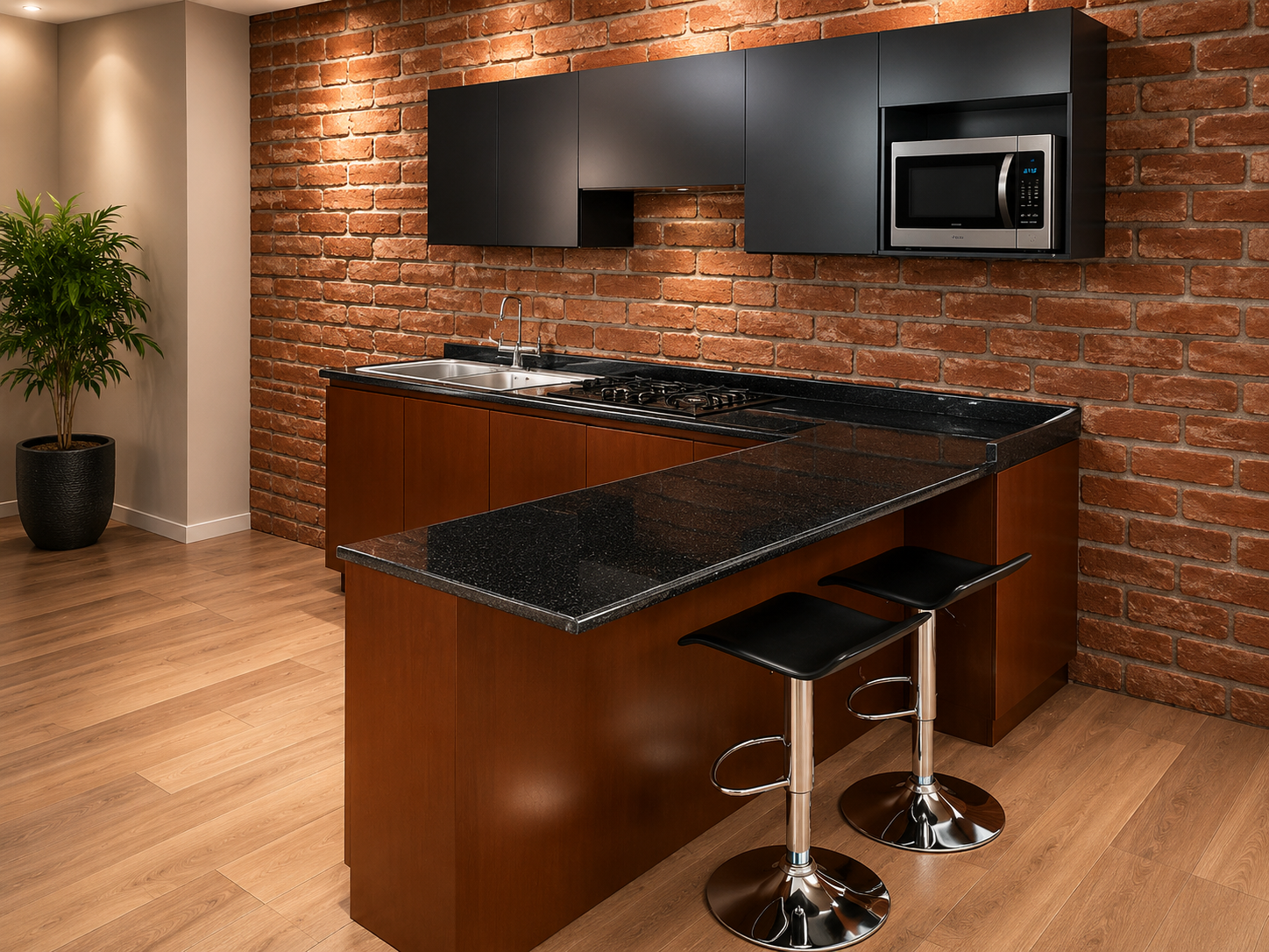 cocina en L con muebles inferiores, alacenas, espacio de trabajo, módulos de almacenamiento y esquina bien aprovechada.