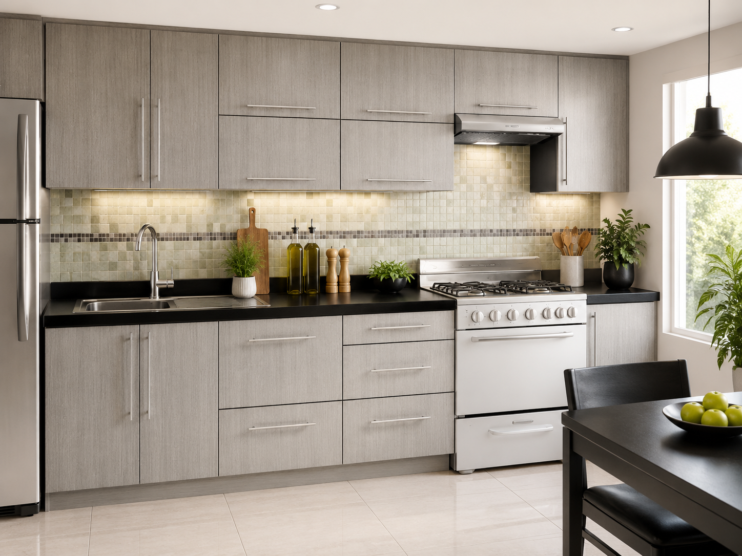 Imagen recomendada: cocina integral moderna con espacio para estufa, alacenas superiores, cajones inferiores y ambiente limpio en tonos neutros.