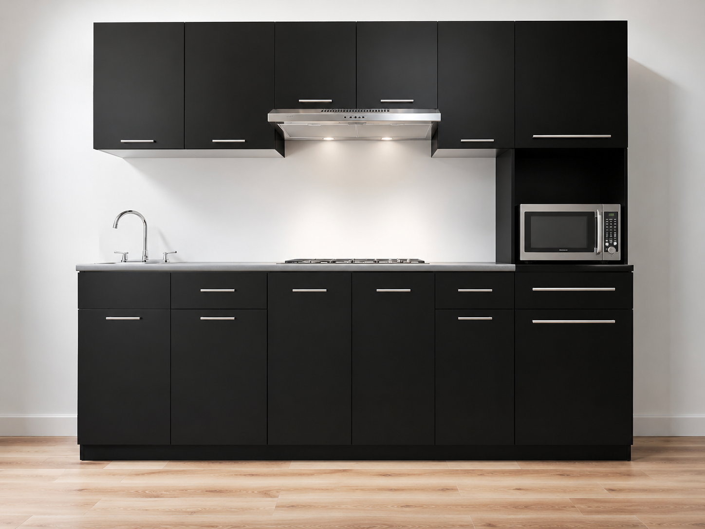 Imagen recomendada: cocina integral moderna con espacio para parrilla empotrable, alacenas superiores, cajones inferiores, cubierta limpia y decoración en tonos neutros.