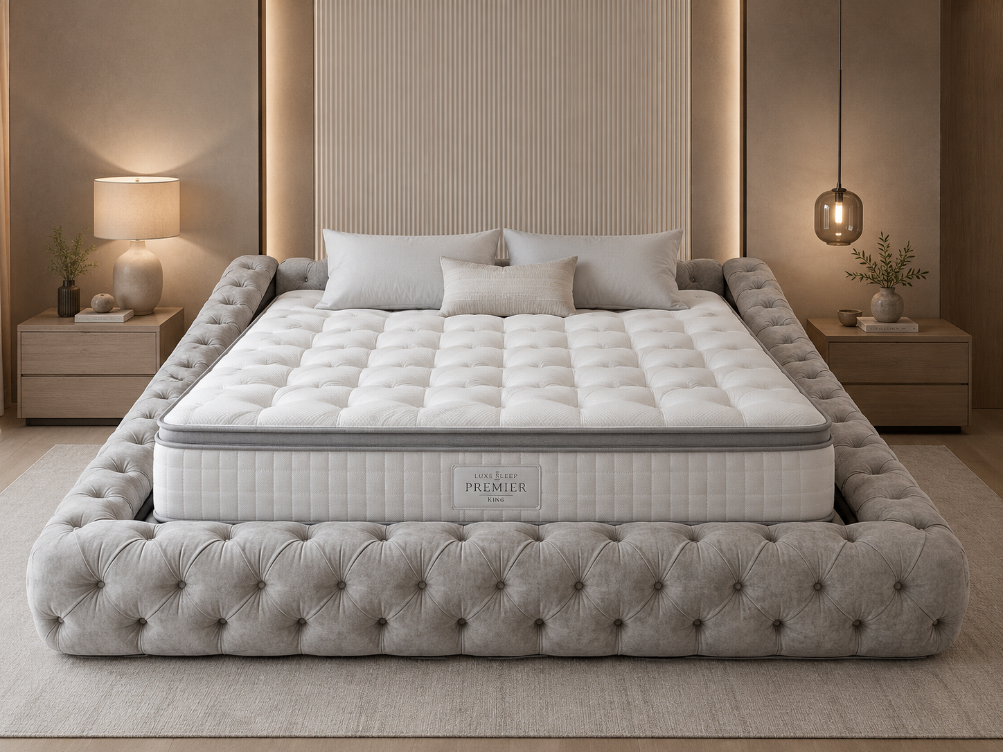 Imagen recomendada: recámara moderna con colchón matrimonial sobre base de cama, decoración neutra, burós y ambiente limpio.