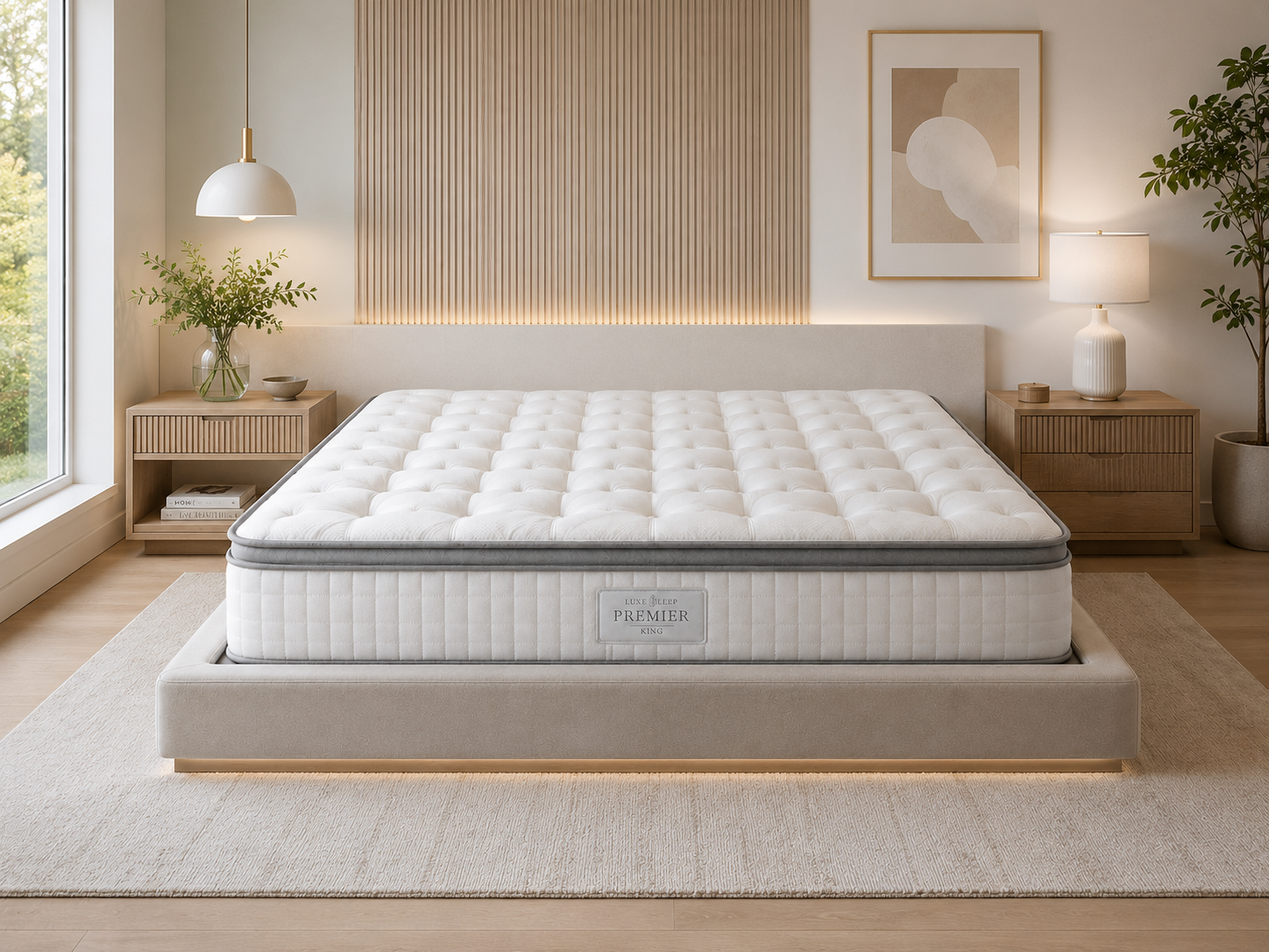 dormitorio amplio con colchón queen o king size, base para cama, cabecera y muebles complementarios de recámara.