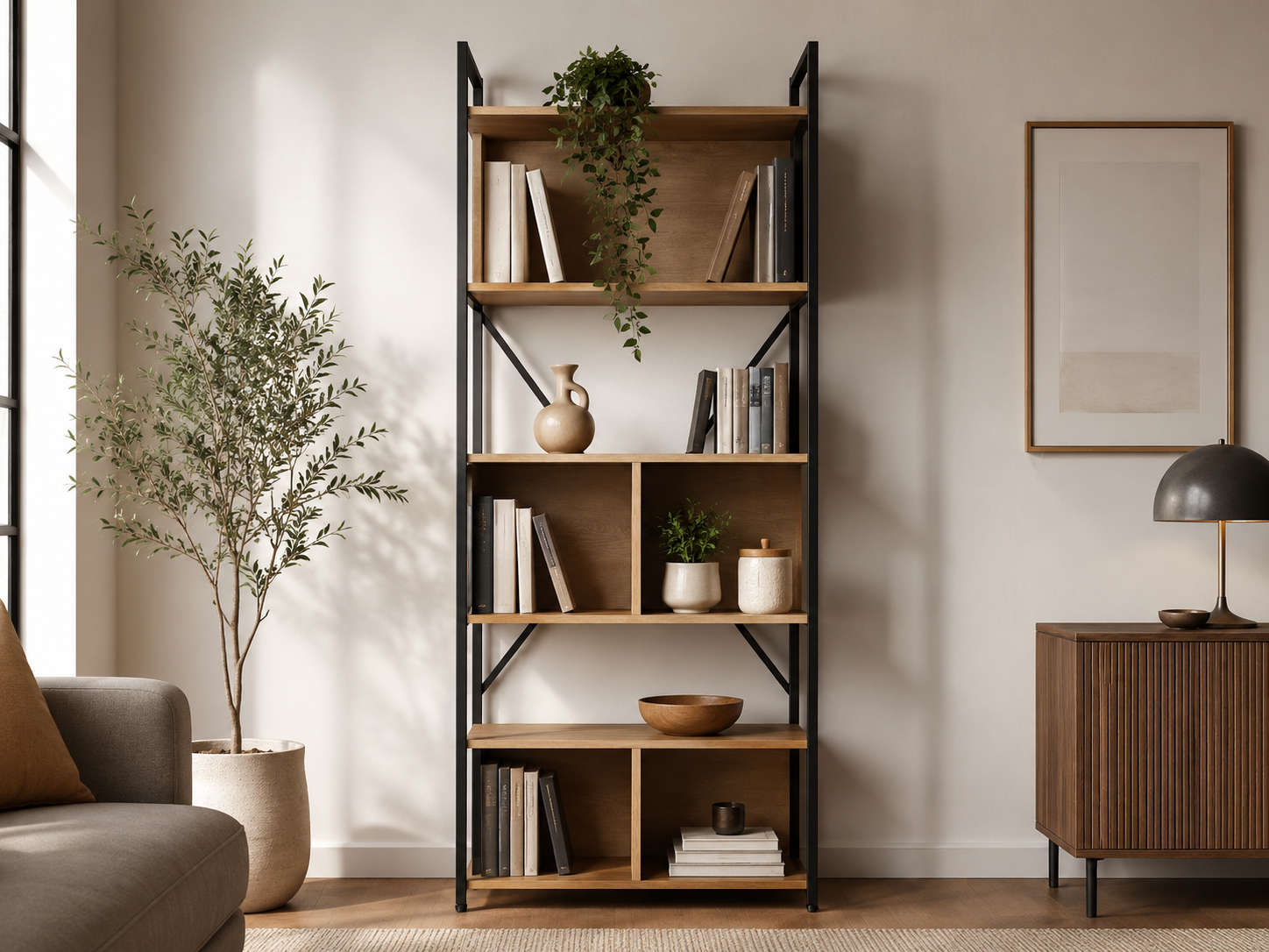 pared de sala con estantes o repisas modernas, libros, decoración y objetos organizados.