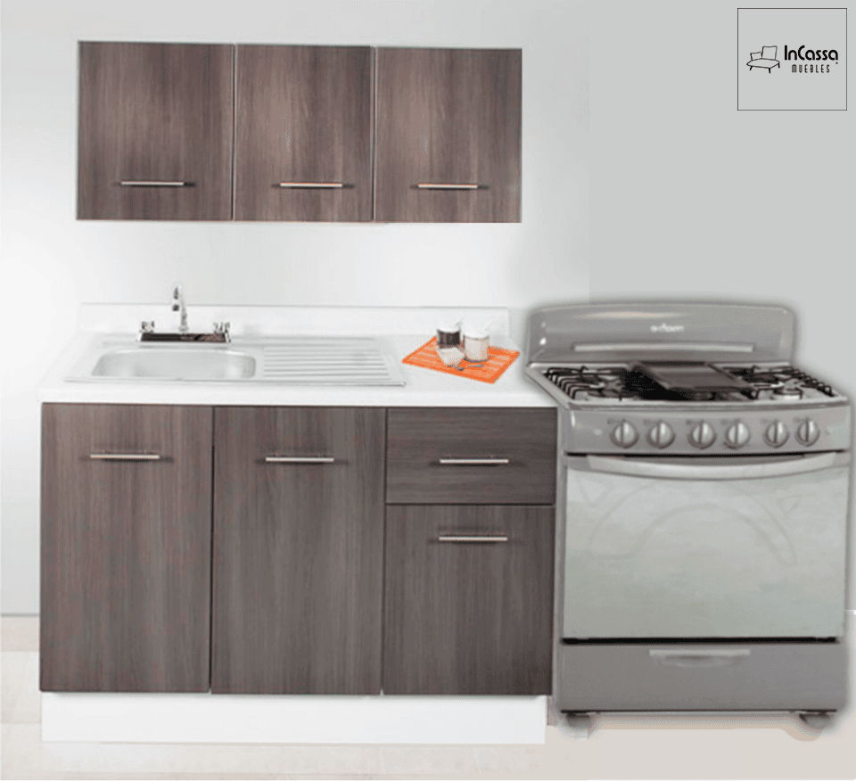 La imagen muestra una toma frontal de la Cocina Integral HAMBURGO para Estufa, fabricada con frentes en tono gris cenizo oscuro y estructura blanca, logrando un contraste moderno y elegante. Su cubierta de formaica estilo blanco fresh aporta luminosidad, mientras que los herrajes metálicos y la tarja de acero inoxidable complementan su diseño funcional y contemporáneo.