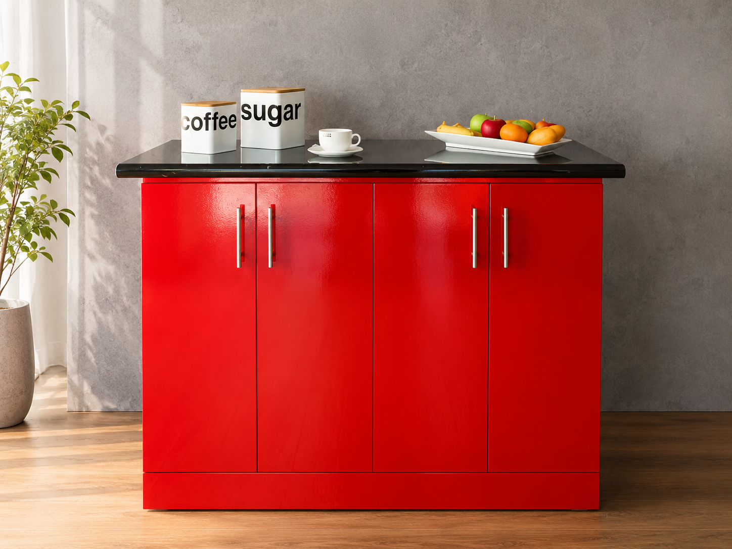 Imagen recomendada: cocina moderna con isla central, superficie de trabajo, almacenamiento inferior, bancos o área tipo desayunador y decoración en tonos neutros.