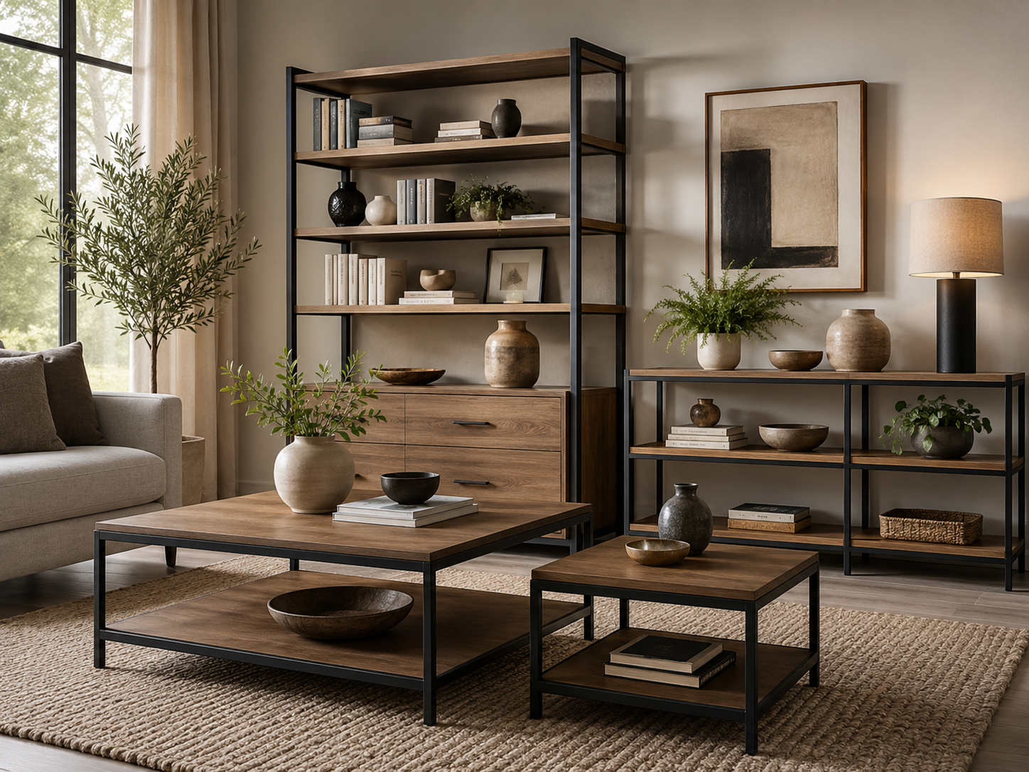 sala con mesa de centro, librero, estantes decorativos, sofá moderno y objetos organizados.