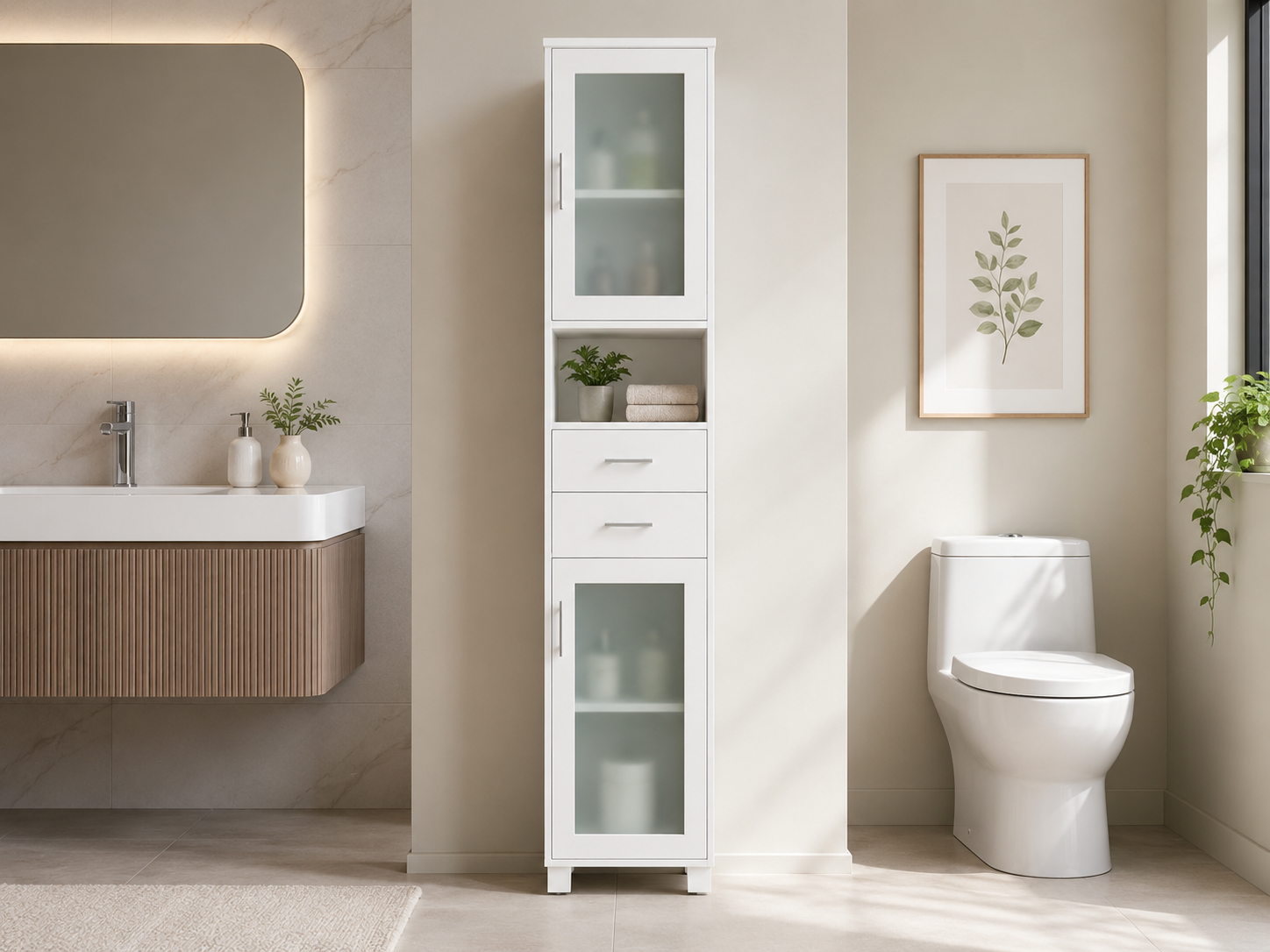 baño pequeño moderno con organizador vertical, mueble compacto, toallas y productos ordenados.