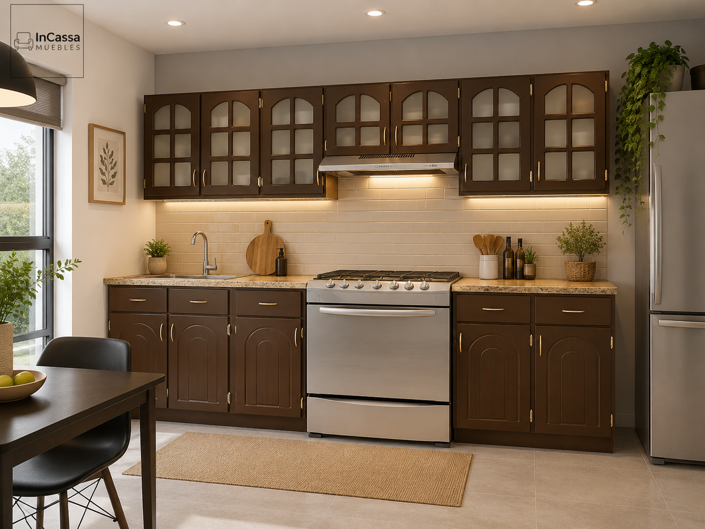 cocina integral equipada con alacenas, cajones, espacio para estufa y área de preparación, mostrando una distribución funcional.