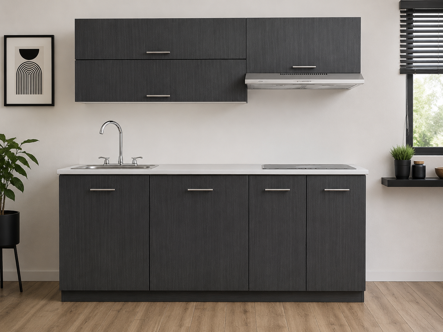 Imagen recomendada: cocina integral equipada con parrilla, alacenas, cajones, espacio de preparación y muebles complementarios de almacenamiento.