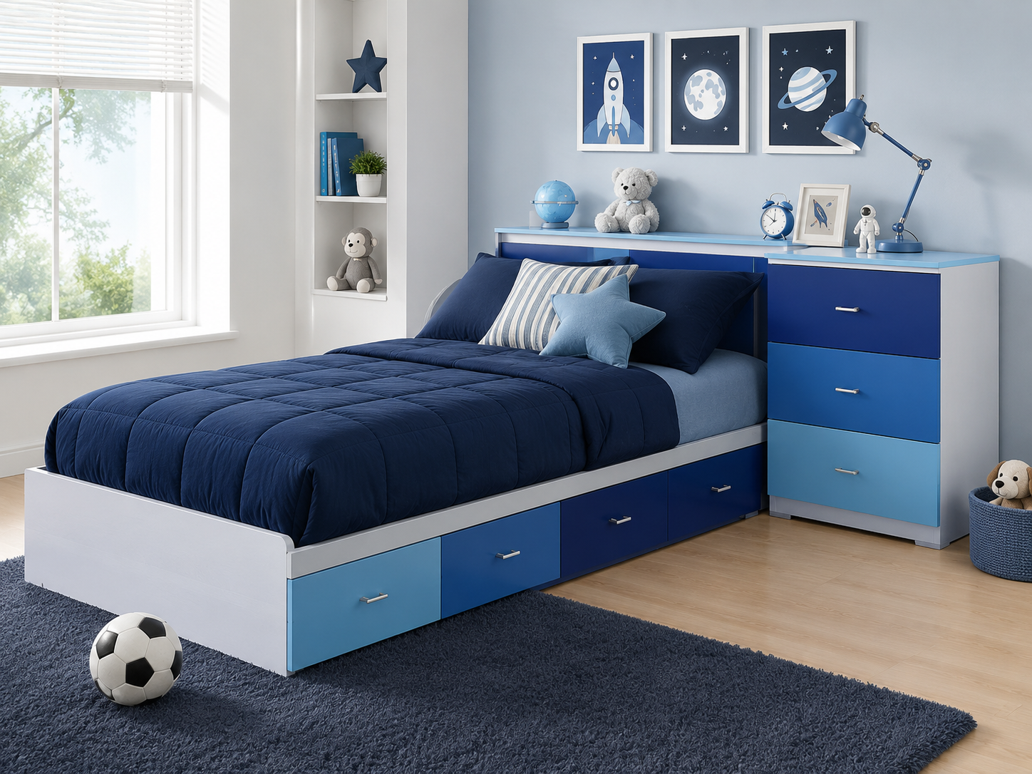 cuarto infantil con escritorio, organizador, librero, cómoda, juguetes ordenados y ambiente moderno.