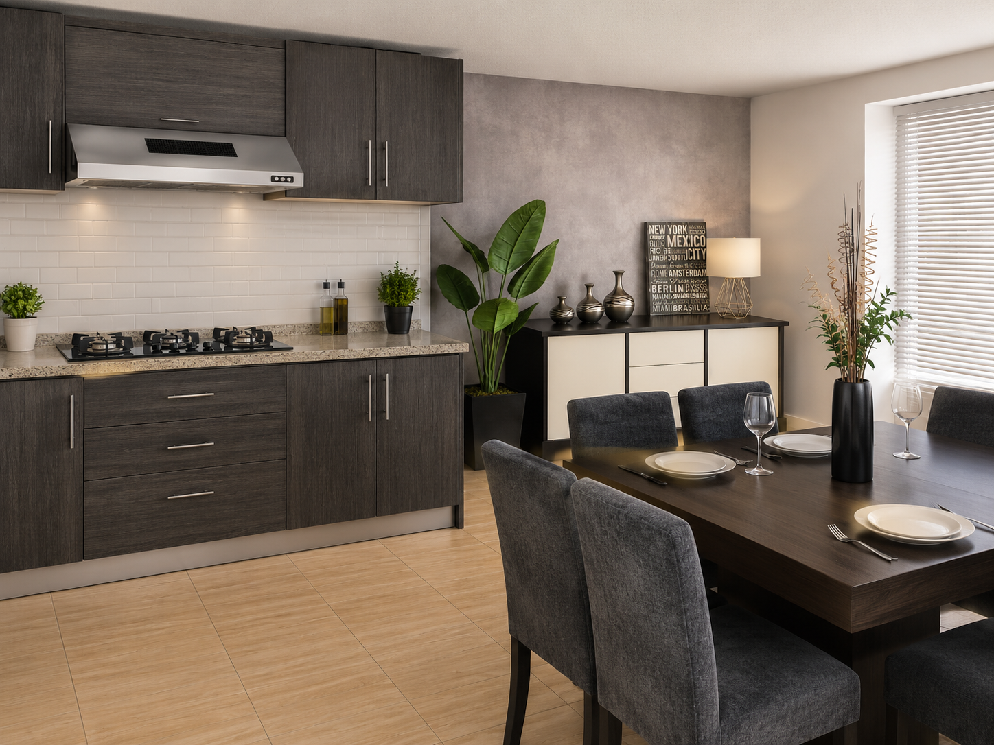 Imagen recomendada: composición de comedor con mesa, sillas, vitrina o bufetero, decoración moderna y ambiente cálido.