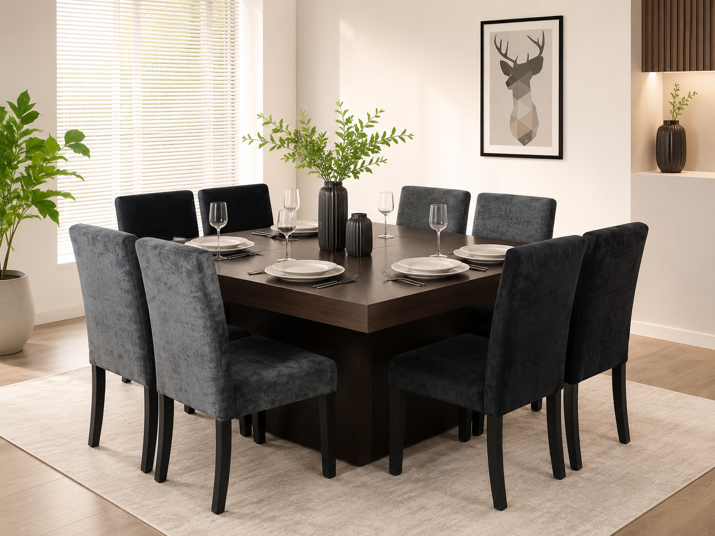 Imagen recomendada: comedor moderno con mesa, sillas, decoración neutra, iluminación cálida y ambiente familiar elegante.
