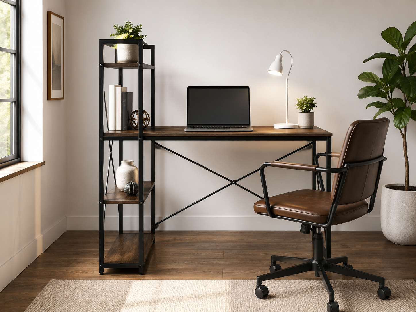 home office moderno con escritorio, librero, estantes, cajonera, decoración limpia y ambiente ordenado.