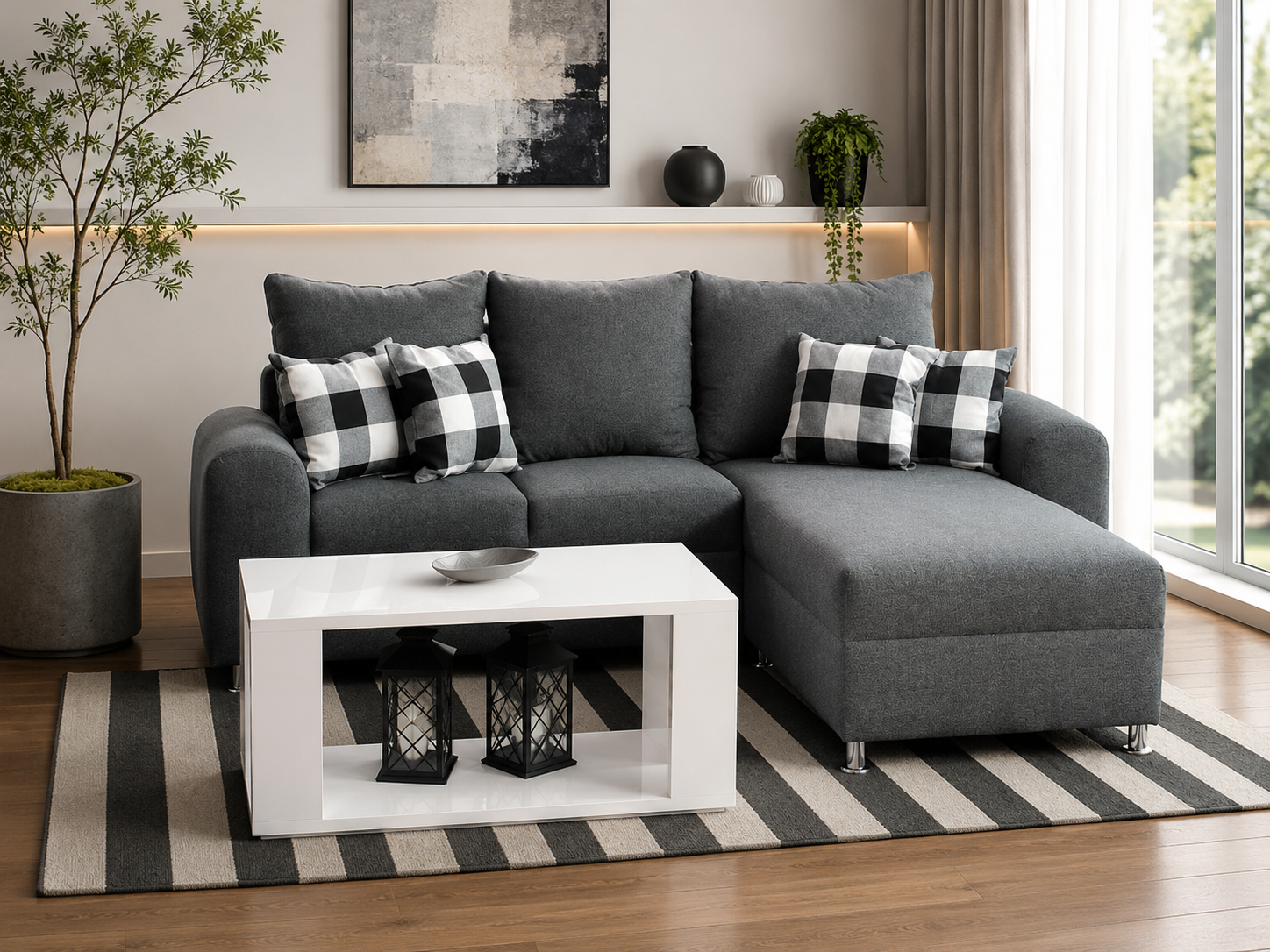 Imagen recomendada: sala moderna con sofá o sala esquinera, cojines, mesa de centro, decoración neutra y ambiente cálido.