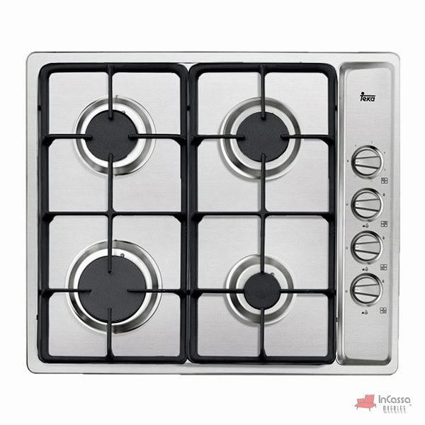 La imagen muestra una parrilla Teka empotrable con cuatro quemadores distribuidos para optimizar el espacio en la cocina, con diseño en acero inoxidable que aporta elegancia y modernidad.
