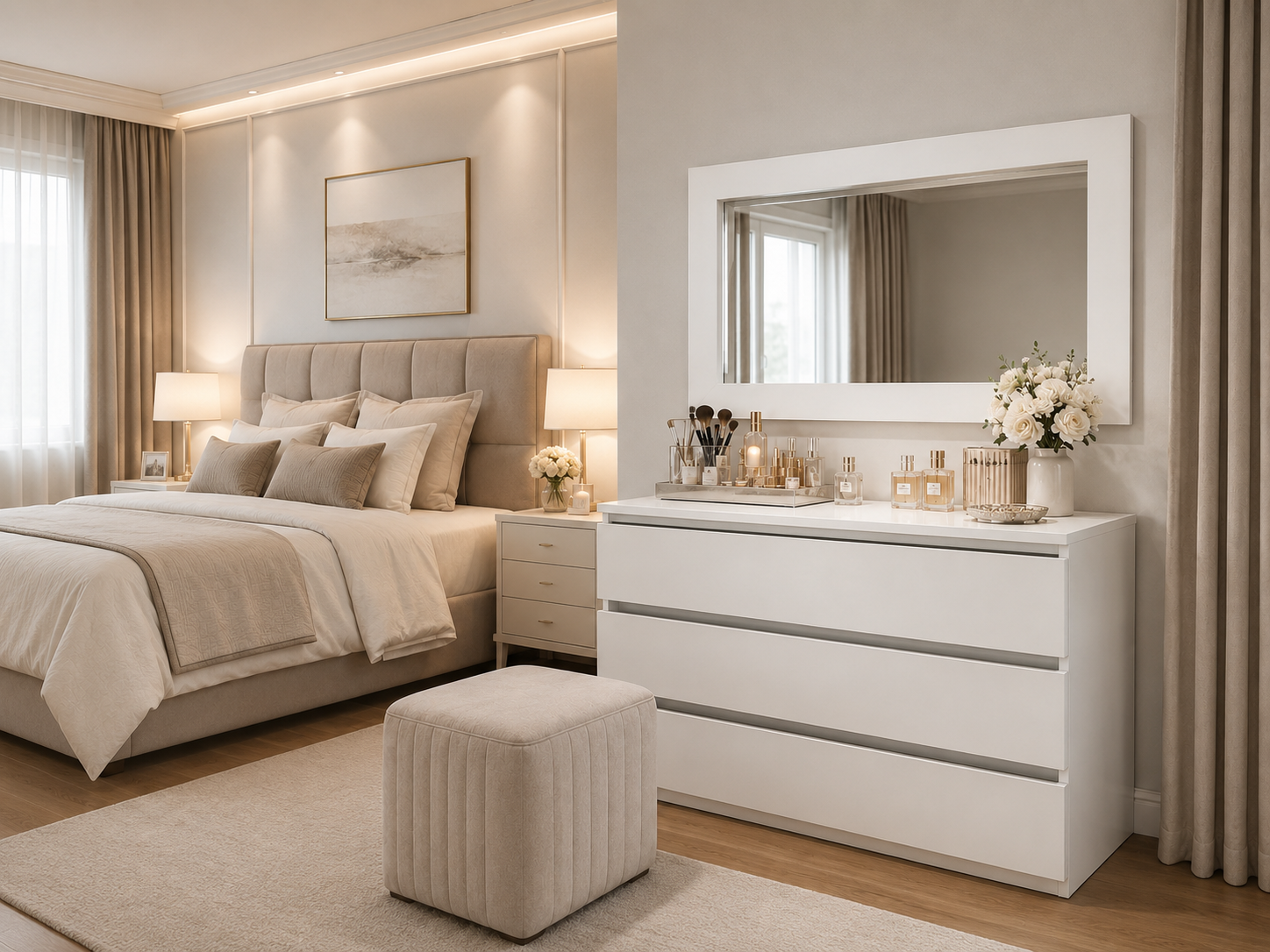 tocador vanity moderno dentro de una recámara limpia, con espejo, maquillaje organizado, iluminación suave y decoración en tonos neutros.