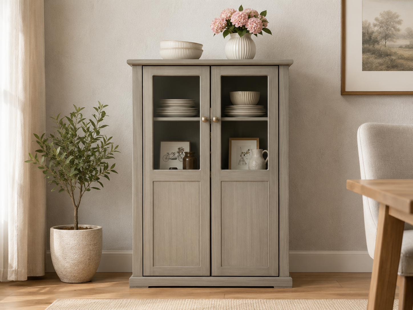 vitrina para comedor con puertas de vidrio, vajilla, copas y piezas decorativas organizadas en un ambiente moderno.