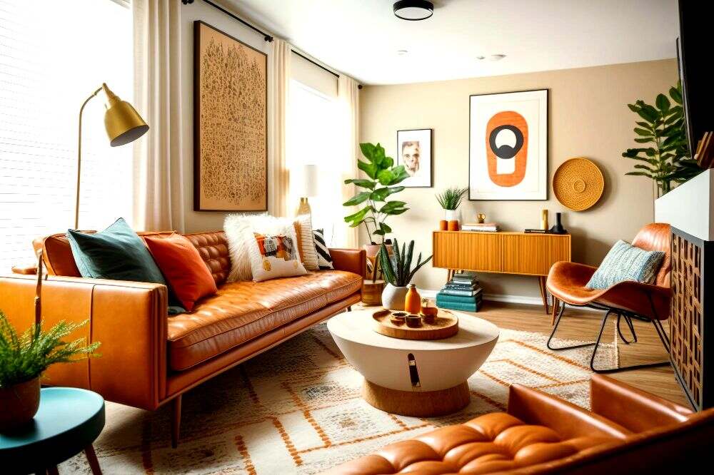 una estancia con una sala de piel naranja y muebles de madera