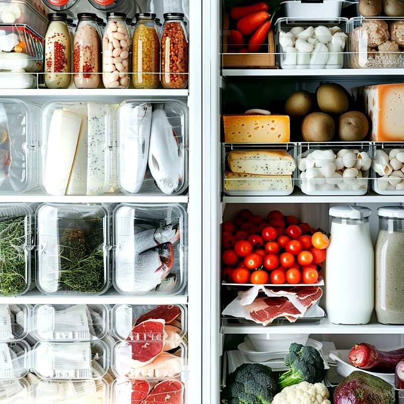 Refrigerador lleno de alimentos variados organizados en contenedores plásticos, incluyendo lácteos, carnes, vegetales y conservas