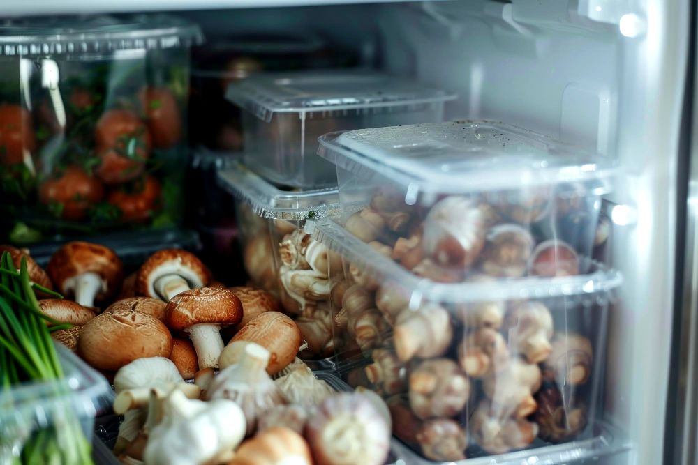 La foto muestra hongos y otros vegetales frescos almacenados en contenedores de plástico transparente dentro de un refrigerador.