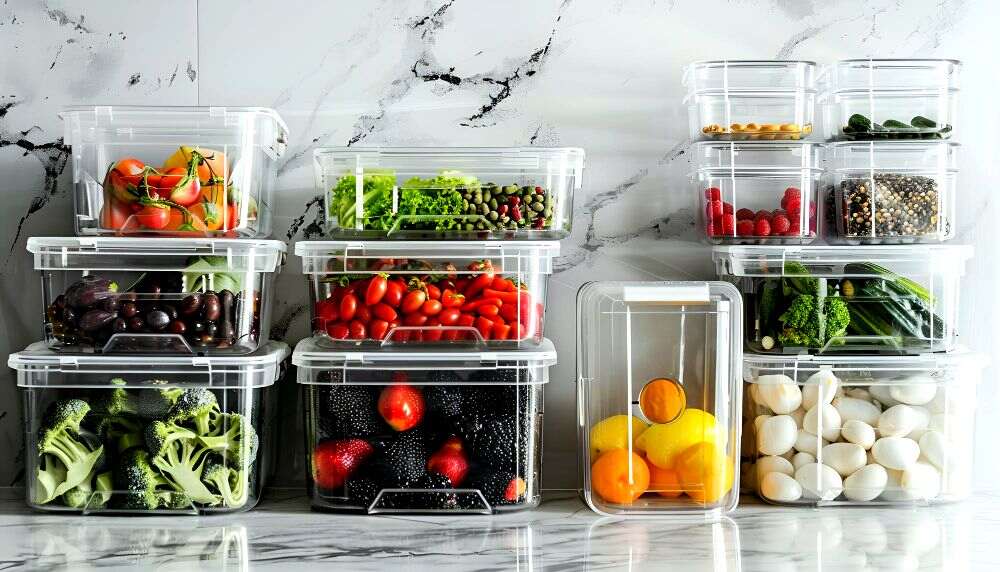 Contenedores plásticos transparentes organizados con frutas y vegetales variados en una encimera con fondo de mármol.