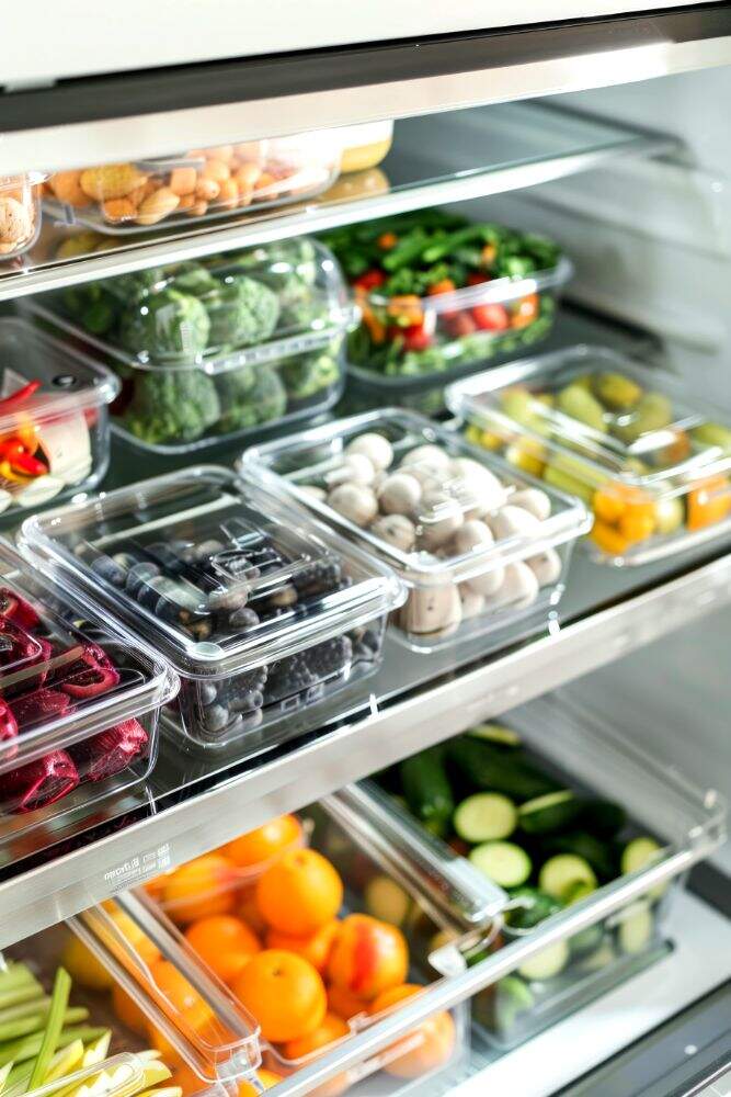 Estantes del refrigerador llenos de contenedores plásticos con frutas y vegetales frescos, organizados de manera ordenada.
