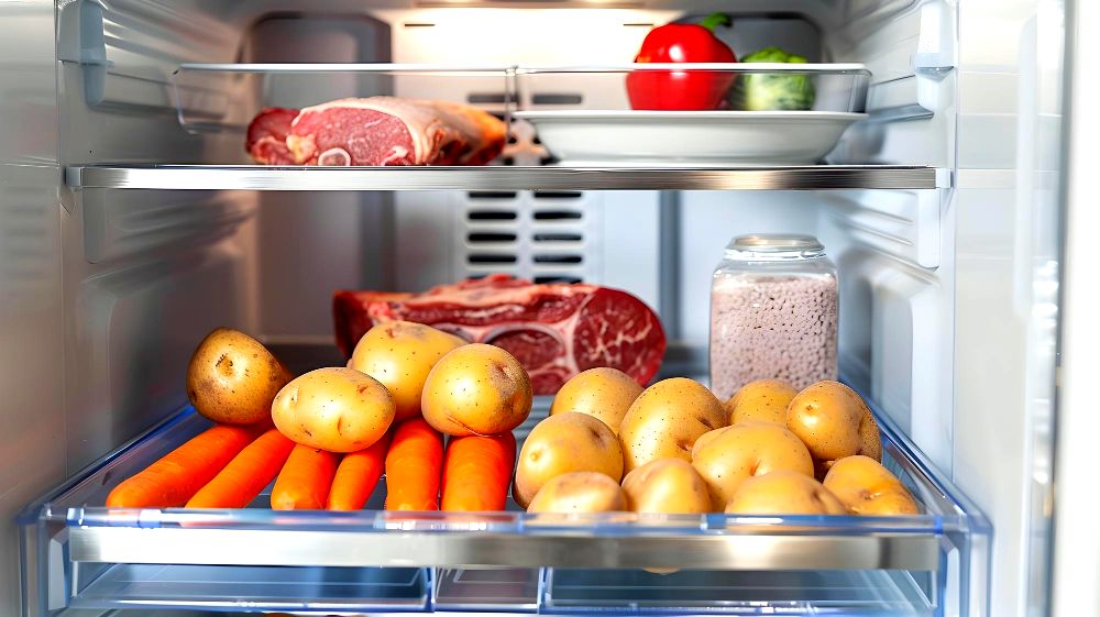 Papas, zanahorias y cortes de carne en el refrigerador, mostrando una organización eficiente de diferentes tipos de alimentos.