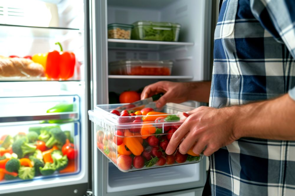 Persona colocando un contenedor de plástico lleno de frutas y vegetales frescos dentro del refrigerador, destacando la organización.