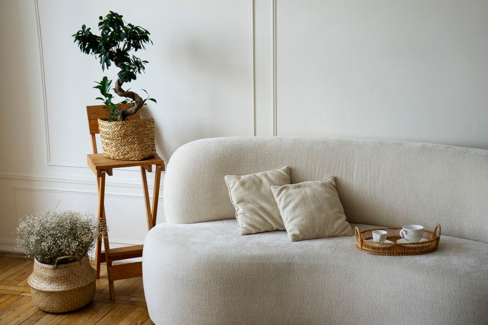 un sofá acompañado de una decoración simple pero bastante acogedora