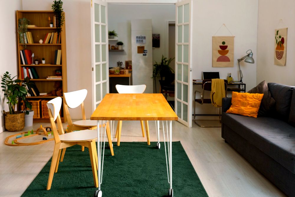 comedor con mesa central y muebles de estilo minimalista