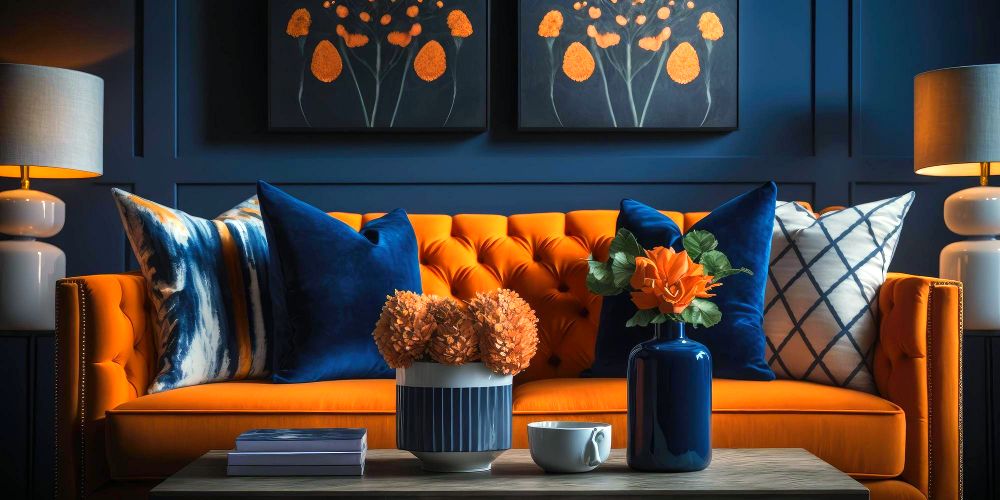Una toma frontal de una estancia con un elegante diseño en paredes y muebles, en la que vemos una decoración que combina el color azul eléctrico con tonos blancos y naranjas.