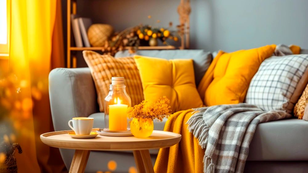 Moderno sofa de color gris decorado con cojines y cobijas de color amarillo, acompañado de una pequeña mesa de centro de madera con velas amarillas, lo que en conjunto provee un ambiente cálido y acogedor.
