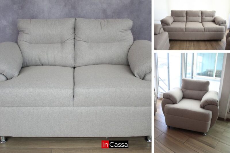 Esta imagen que recopila una toma del love seat, sofá y sillón que integran la sala, presentados en tapiz lino greige.