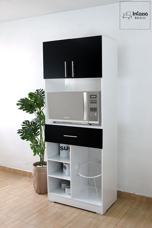 Porta Microondas moderno con porta garrafón blanco y negro - InCassa Muebles