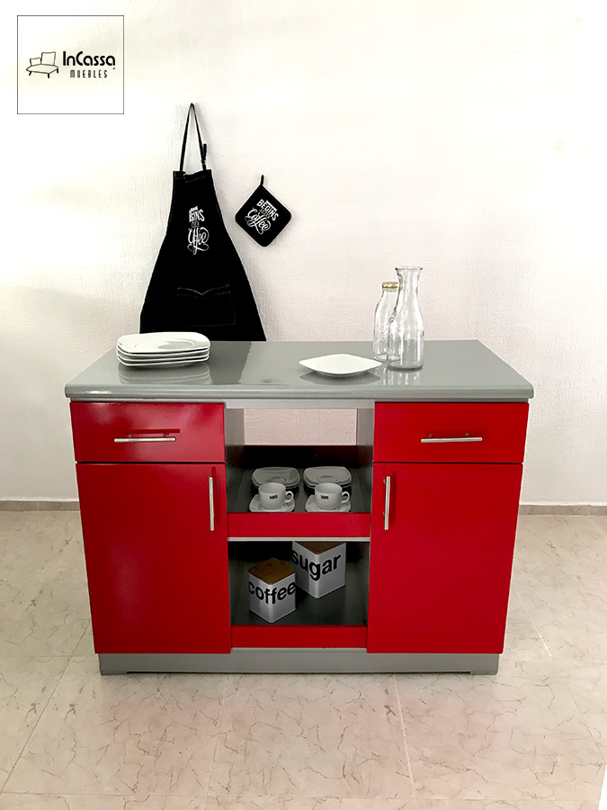 isla de cocina moderna roja y gris plata - InCassa Muebles