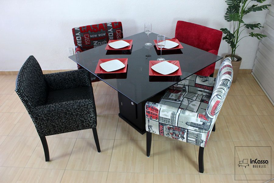 comedor de vidrio moderno rojo y negro para 4 personas sillas tapizadas - InCassa Muebles