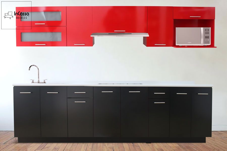 Cocina Integral moderna con espacio para microondas rojo y negro - InCassa Muebles