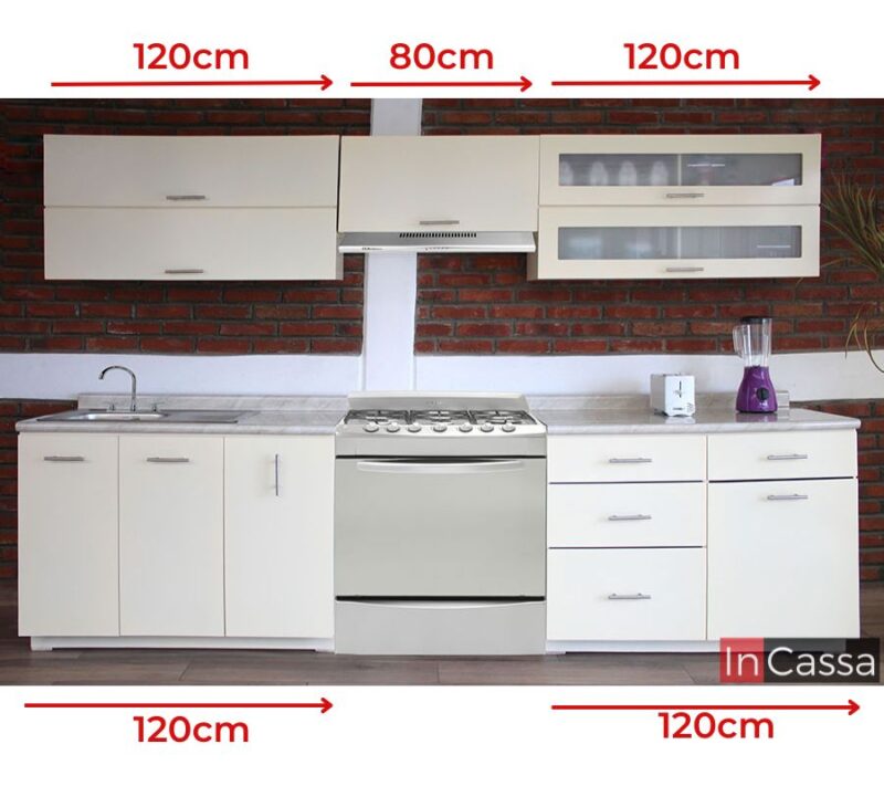 Foto de la cocina integral blanca diseñada para estufa de piso que incluye información sobre la longitud de cada módulo.