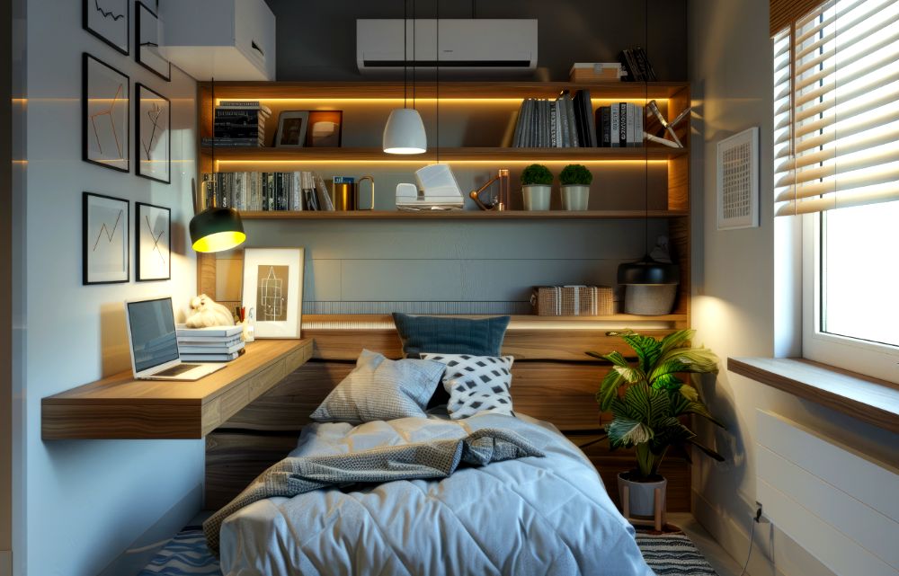 Una pequeña habitación en la que se hace uso de una práctica recámara individual y varios estantes de madera natural para aprovechar eficientemente el espacio.