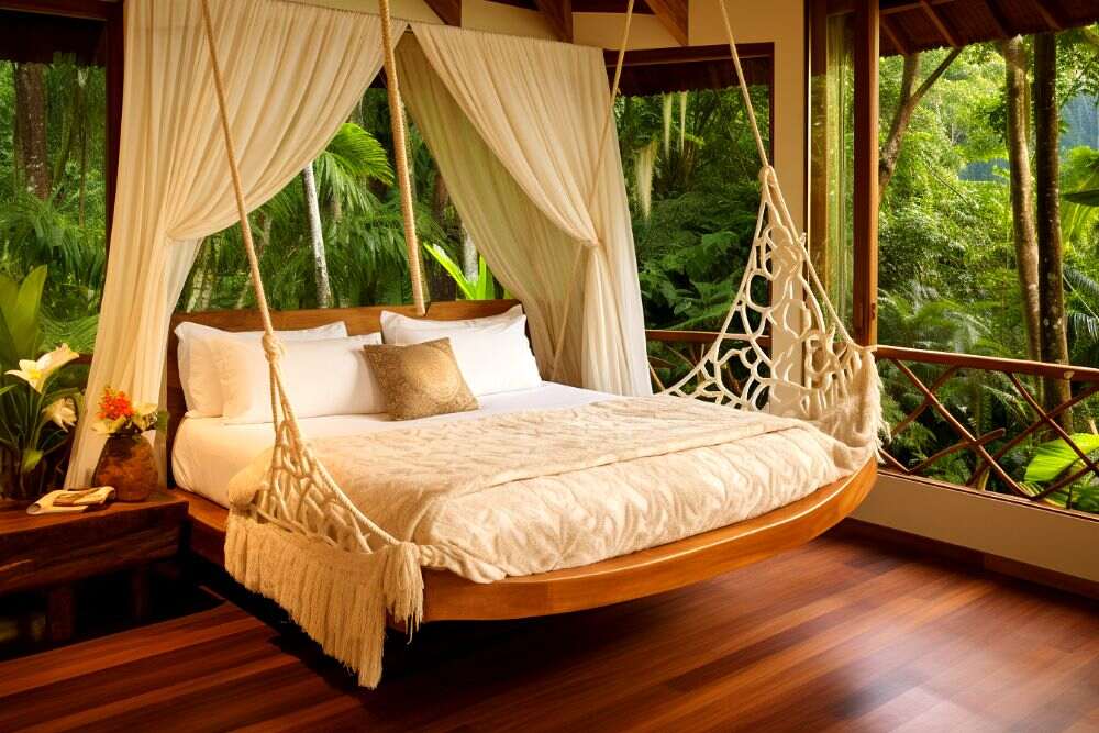 Dormitorio exótico con cama colgante en estilo hamaca, vista a la selva, cortinas blancas y decoración natural.